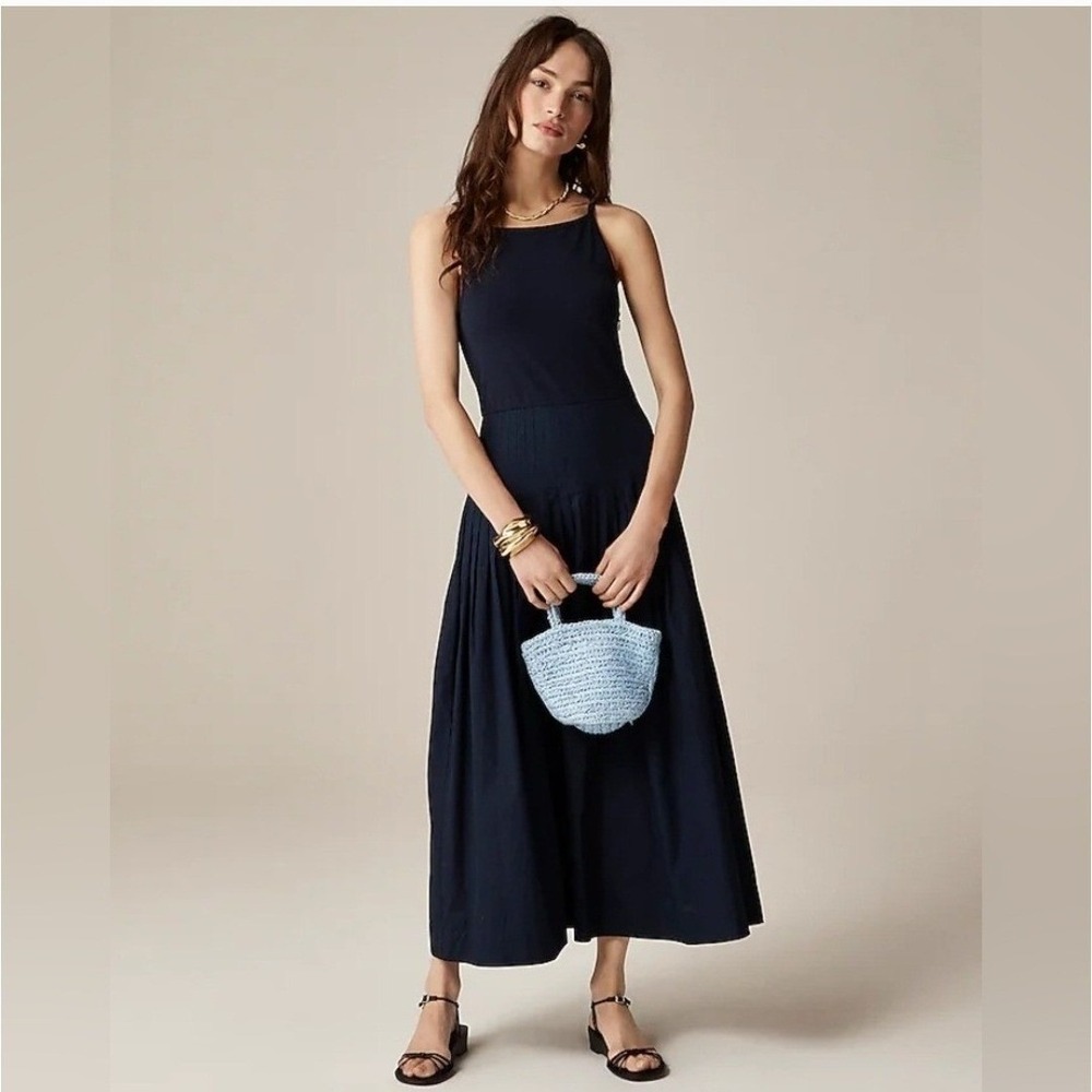 J. Crew NWT Pintuck Mixy Dress Navy Blue Square Neck Midi Pleated Waist Size M